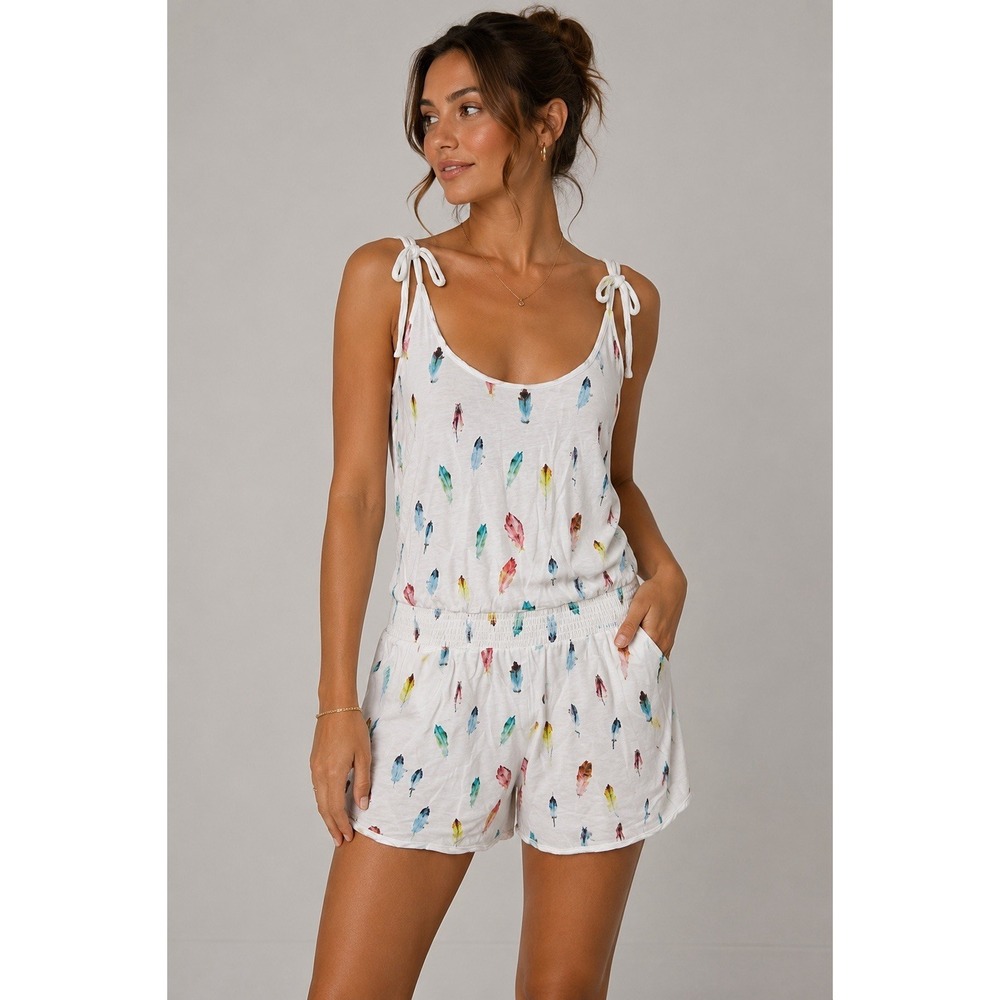 Swildens Feather Print Boho Cottagecore Tie Strap Mini Dress Small